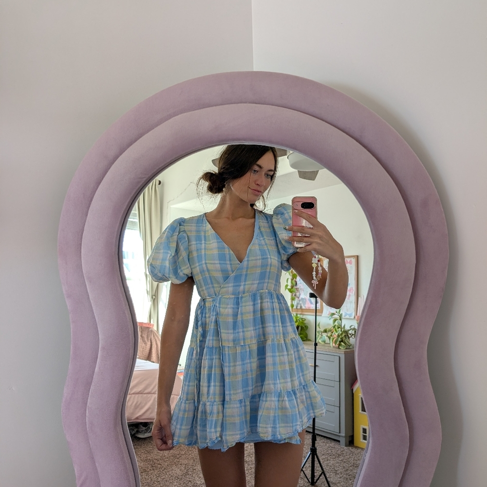 Blue Plaid Puff Sleeve Tiered Summer Dress Size 8